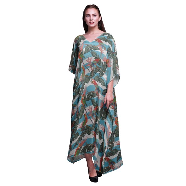 Bimba Caftan de Plage à Oiseaux, Paréo de Bikini, Robe Maxi pour Femmes, Long Caftan-S-L