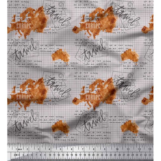 Soimoi Gray Rayon Fabric Text & Europe Map Travel Fabric Prints By Yard 56 Inch Wide