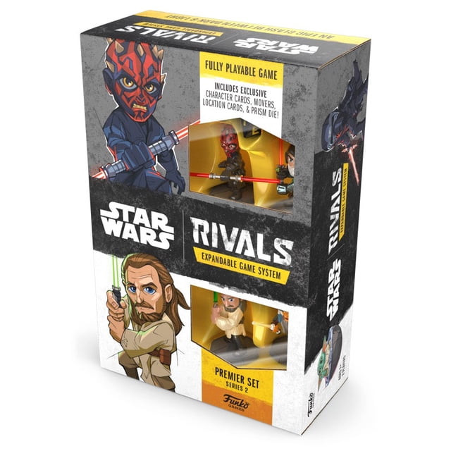Funko Games Star Wars Rivals Série 2: Coffret de Jeu de Société Premier Ensemble Présentant une Oeuvre Stylisée de Darth Maul et un Jedi avec un Sabre Laser Vert, Montrant des Figurines de Personnages et des Cartes de Jeu à l'Intérieur de l'Emballage, Conçu comme un Système de Jeu Entièrement Jouable et Extensible pour Deux Joueurs de 7 Ans et Plus.