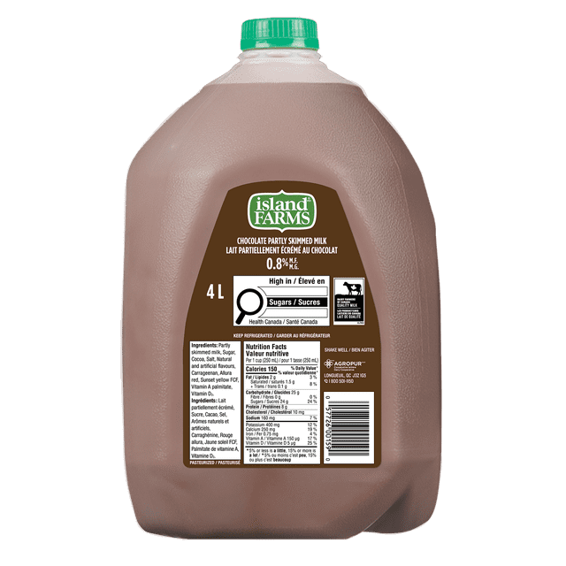 Island Farms 0.8% Chocolate Milk in a 4 L translucent plastic jug with a green screw cap, labeled in English and French as partly skimmed milk enriched with vitamins A and D, featuring nutrition facts and ingredients, ideal for a protein-rich dairy choice.