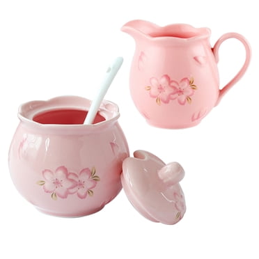 Ceramic Sugar Bowl With Lid And Milk Jug, Cream And Sugar Pot, Creamer Jug Sugar Jar, Coffee Serving Set, Cream Pitcher-Pink-Milk Jug & Sugar Bowl