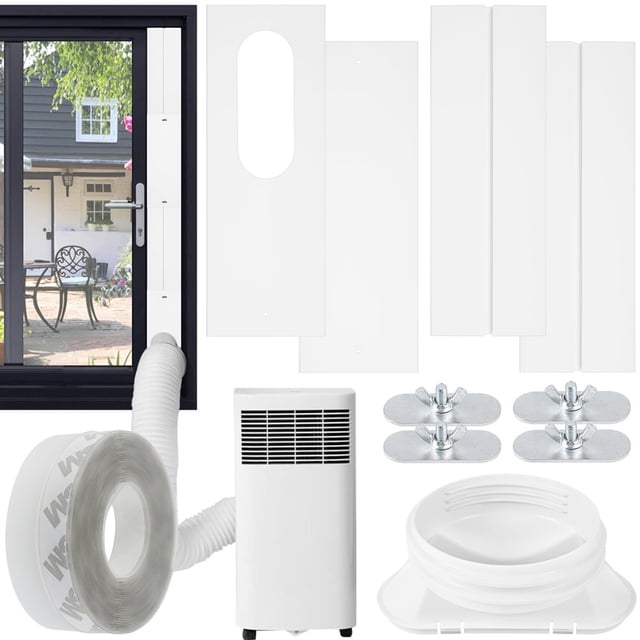 AMERTEER Universal Air Conditioner Kit Portable AC Window Kit with durable PVC sealing plates, adhesive strip, turnbuckles, and a universal interface. Ideal for sliding windows, the kit includes four sealing plates, four turnbuckles, and a coupler for a 5-inch AC vent. Components are displayed near a sliding window alongside a portable air conditioner and vent hose.