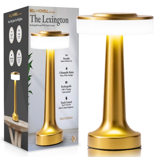 Bell + Howell Lexington tables Lampe de Table Petite Sans Fil Tactile à DEL Rechargeable en Fini or, Conçue pour les de Chevet, les Bureaux Ou l'Utilisation portable. Dotée de Commandes Tactiles Intuitives pour Marche/arrêt et Réglage de la Luminosité, avec Trois modes de Couleur : Chaud, Blanc et Lumière du Jour. Alimentée par une Batterie Rechargeable de 1200 mAh Offrant jusqu'à six Heures d'Autonomie. Comprend un Câble de Recharge USB-C de 32 Pouces et Supporte 7,6 Pouces de Hauteur, Ce Qui en Fait une solution d'Éclairage Élégante et Fonctionnelle.