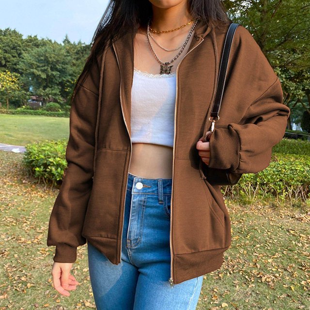 Veste à Capuche Zippée en Mélange de Coton Uni pour Femme, Mince, Haut Ample pour Femme, Café L