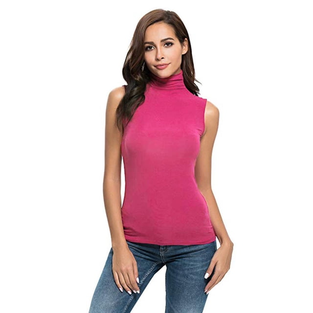 Womens Sleeveless Solid Slim Fit Turtleneck Tee Shirt Top Blouse