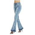 thumbnail image 2 of Womens Floral Daisy Embroidered Mid Rise Bell Bottom Flare Frayed Hem Jeans, 2 of 5