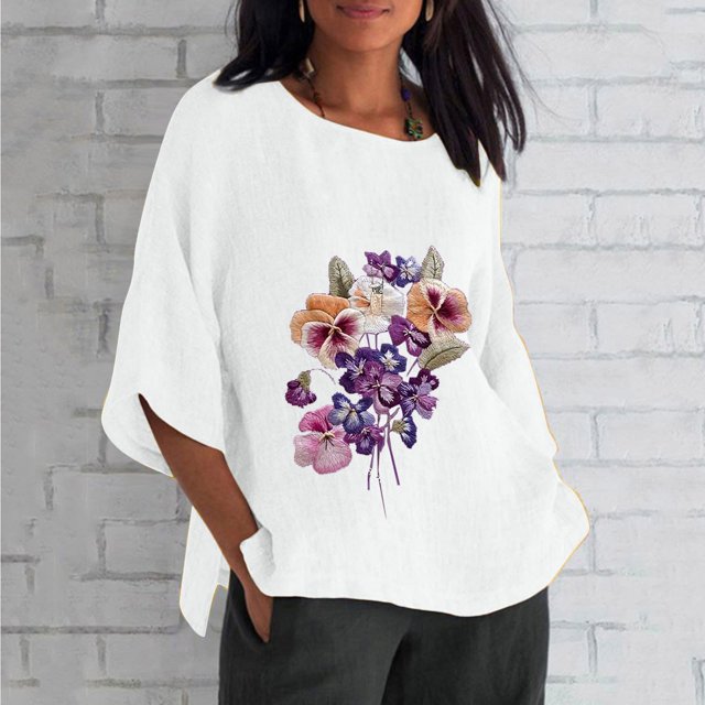 Blouses pour Femmes, Mode Décontractée Alzheimer Manches 3/4 Imprimé Coton Ample