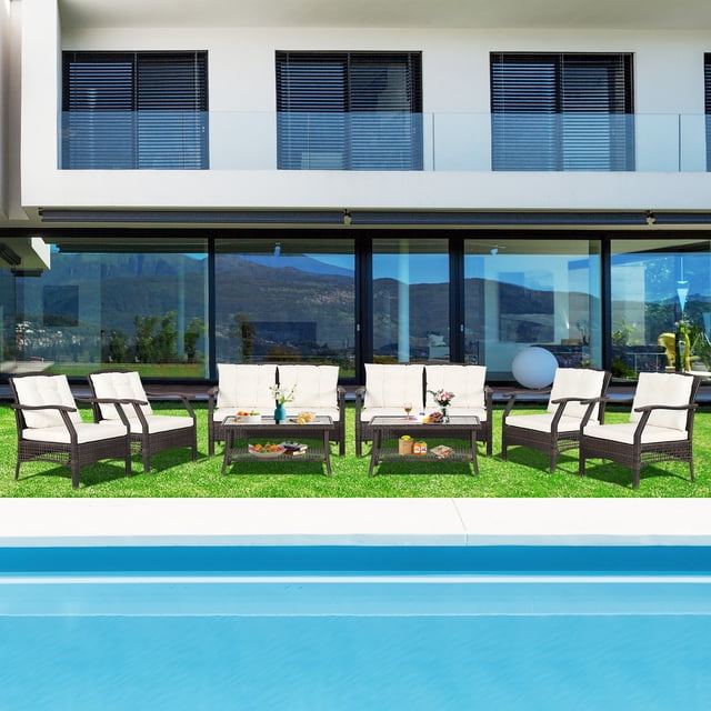 Costway Ensemble de Conversation en Rotin d'Extérieur 8 Pcs Ensemble de Canapé en Rotin pour Patio avec Housse de Protection