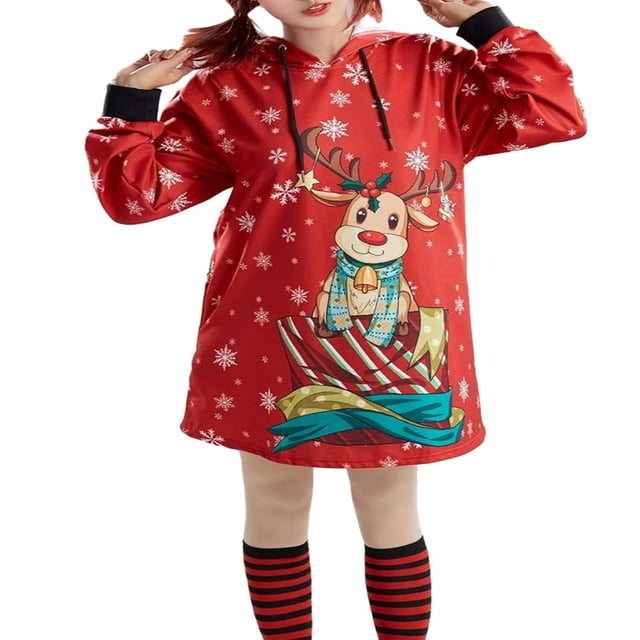 Robe à Capuche de Noël pour Femmes - avec Imprimé Cerf/neigeur et Manches Longues
