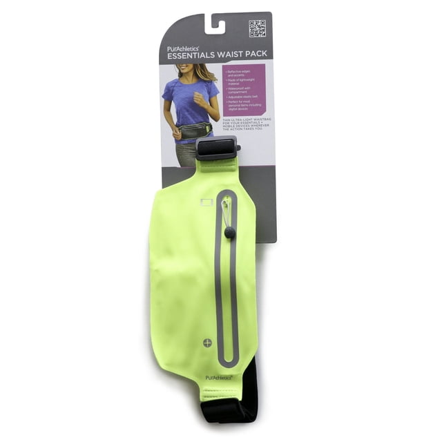 PurAthletics Essentials Waist Pack in neon yellow with reflective edges and waterproof zipper pocket, displayed on packaging showing a person wearing the adjustable belt around the waist, designed for running and fitness to securely carry mobile devices and personal items.