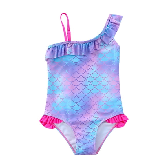 XASZHN Printed Fish Scale Pattern Girls' O N E Pie Ce H A L Ter Top Swimsuit Swimwear for Girls Purple 3-4 Years