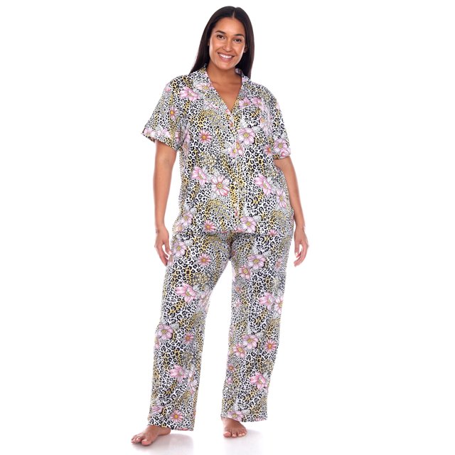 White Mark Women's Tropical Short Sleeve Button-Down Pajama Set