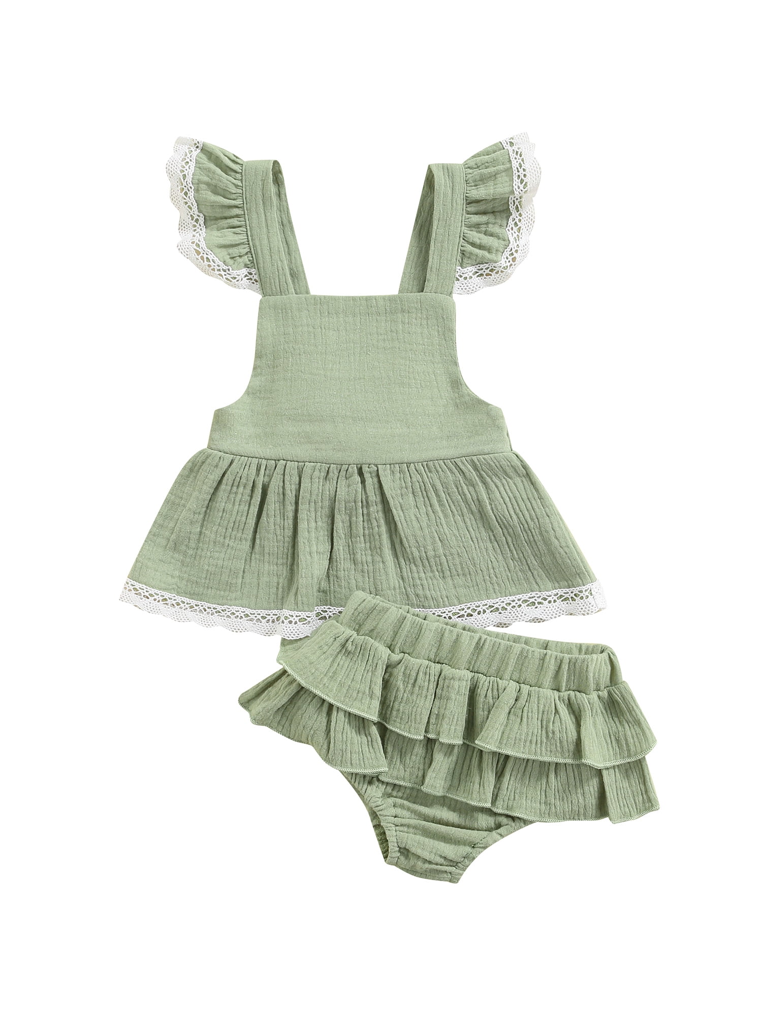 Honganda Ensemble Robe Bébé Fille, Ourlet en Dentelle Décor Jupe à Volants et Shorts