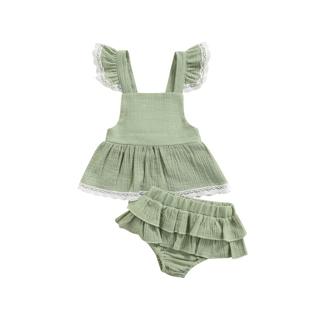 Honganda Ensemble Robe Bébé Fille, Ourlet en Dentelle Décor Jupe à Volants et Shorts