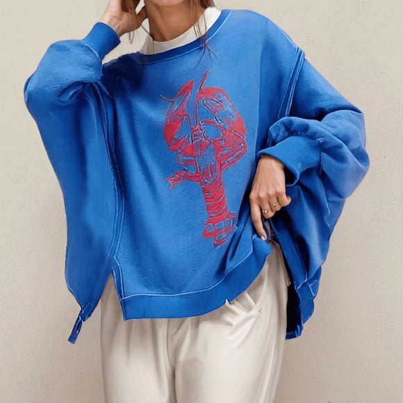 Oversized Crewneck Sweatshirt for Women Floral Lobster Print Pullover Top Ideal for Daily and Wear Fall Fashion