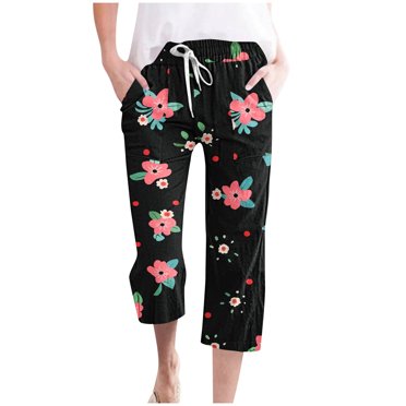 lcziwo Ladies Linen Capri Pants,Capris for Women Casual Summer Linen Pants High Waisted Loose Yoga Sweatpants Crop Pants with Pockets Deals of The Day Clearance Blue