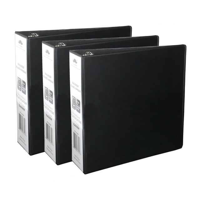 3/Pack 3" D-Ring Binder by Moustache, featuring 3 rings and a letter size format in black. Each binder has a 3-inch D-ring design with back-mounted rings for flat page alignment. Includes two interior pockets for additional storage. Dimensions are 289 x 295 x 80 mm. Suitable for heavy-duty use and organizing documents.