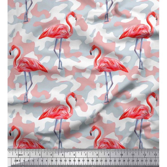 Soimoi Modal Satin Fabric Camouflage Texture & Flamingo Bird Print Fabric by The Yard 42 Inch Wide