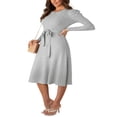 thumbnail image 2 of Robe Midi en Tricot à Manches Longues pour Femmes, Couleur Unie, Ceinturée avec Lien, Robe Chandail en Tricot, Robes Midi Trapèze, 2 of 7
