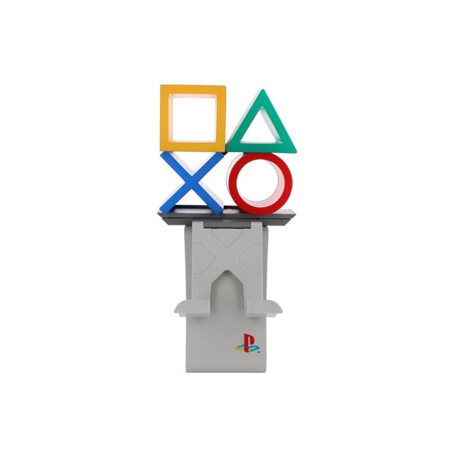 Exquisite Gaming Sony Playstation Heritage Cable Guys Light Up Ikon, Phone and Device Stand featuring illuminated yellow square, green triangle, blue cross, and red circle PlayStation symbols on a white stand with the classic PlayStation logo, designed as a phone holder and charging stand compatible with controllers and devices, also suitable for organizing small gaming accessories.