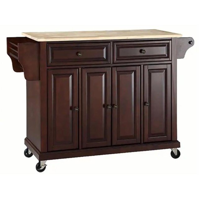 Bowery Hill Solid Wood Mahogany/Natural Kitchen Cart Rectangular Adjustable Shelves 52" Unassembled