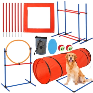 Équipement d'Entraînement d'Agilité pour Chien, Ensemble Parfait de Parcours d'Obstacles pour Cour Arrière avec Tunnel, 2 Haies d'Agilité, 8 Poteaux Tressés, Anneau de Saut, Boîte de Pause, Balles Jouets et Sac de Rangement, Ensembles de Jeux Extérieurs pour Chien (87 Pcs)
