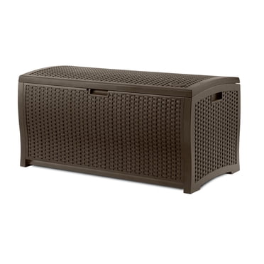 Suncast 73 gal. Outdoor Resin Wicker Deck Box – Pad-Lockable Storage Chest, Java