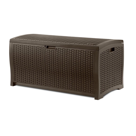 Suncast 73 gal. Outdoor Resin Wicker Deck Box – Pad-Lockable Storage Chest, Java