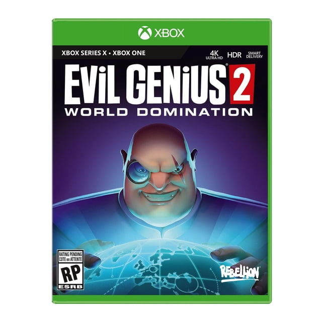 Evil Genius 2: World Domination Couverture de Jeu Xbox Montrant une Figurine Stylisée en Costume Bleu avec des Mains Planant au-Dessus d'Un globe Numérique Lumineux, avec Compatibilité Xbox Series X et Xbox One, 4K Ultra HD, HDR et logos de Livraison Intelligente, Idéal pour les Amateurs de Jeux de Stratégie.