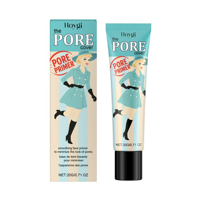 Benefit POREfessional Pore Minimizer Primer, a lightweight face base for smooth makeup application, shown in a 0.71oz tube alongside its matching box. The packaging features a retro-style illustration of a woman in a teal dress and black boots, with text highlighting its pore-minimizing and smoothing properties.