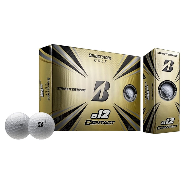 Bridgestone Golf E12 Contact White golf balls with gold and black packaging shown from front and side, featuring CONTACT Force dimple technology for straighter, longer flight and improved spin control around the green, suitable for golfers seeking enhanced distance and accuracy.