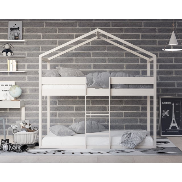 HMD Pasco Twin Over Twin Solid Wood House Loft Bed Frame Box B, Antique Gray