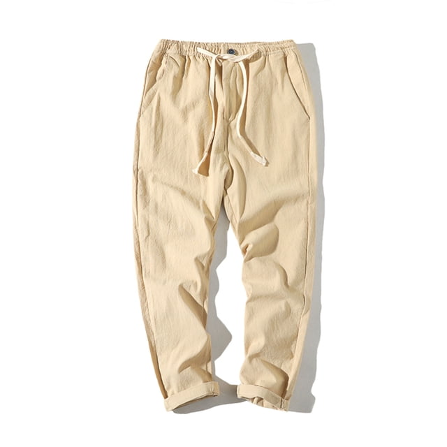 FcBaudy Full Length Pants Men's Cotton Drawstring Casual Solid Color Washed Straight Leg Cropped Pants Outdoor Pants Mens Cotton Pants