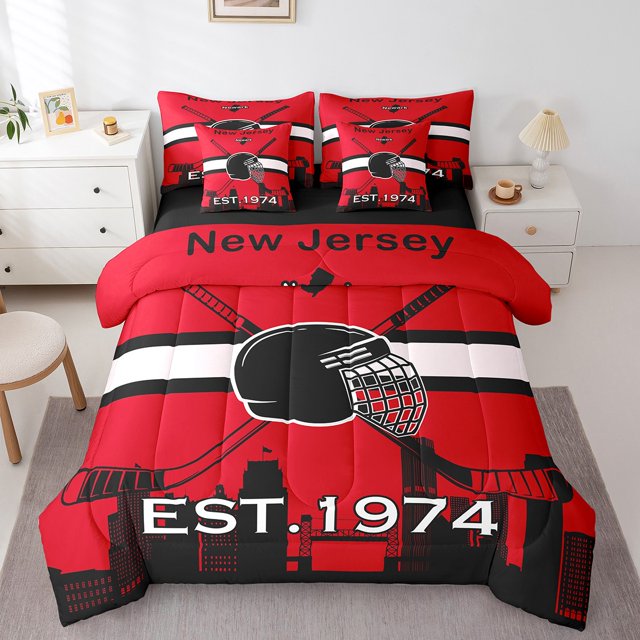 YST 7 Piece Bed in a Bag King Size Comforter Set Ice Hockey Bedding Set,Hockey Reversible Design Bed Set,Winter Sports Soft Microfiber Comforter with Sheet Set,All Season,New Jersey