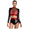 thumbnail image 1 of Yartina Womens Pcs Shiny Metallic Rave Outfits Long Sleeve Cropt Tops With Shorts For Halloween Red XXL, 1 of 5