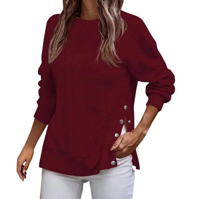 Women Sweatshirt O-Neck Side Split Button-down Women Sweatshirt Autumn Winter Solid Color Long Sleeve T-shirt