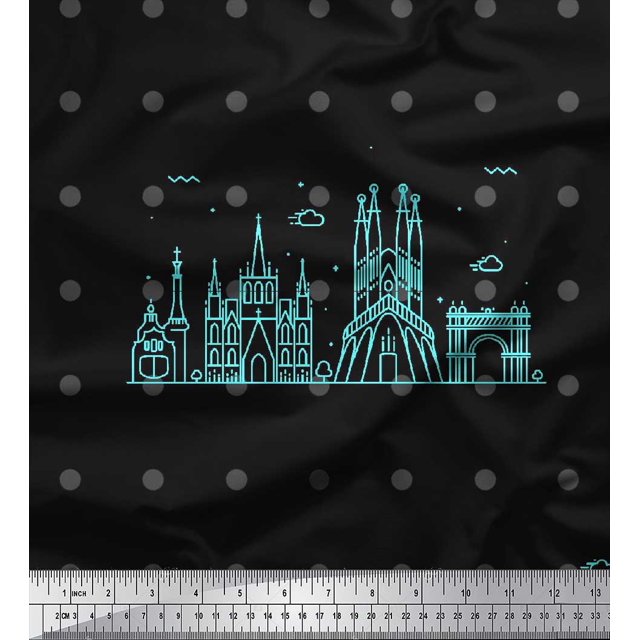 Soimoi Black polyester Crepe Fabric Dot & Sketch Monuments Architectural Print Sewing Fabric Yard 42 Inch Wide