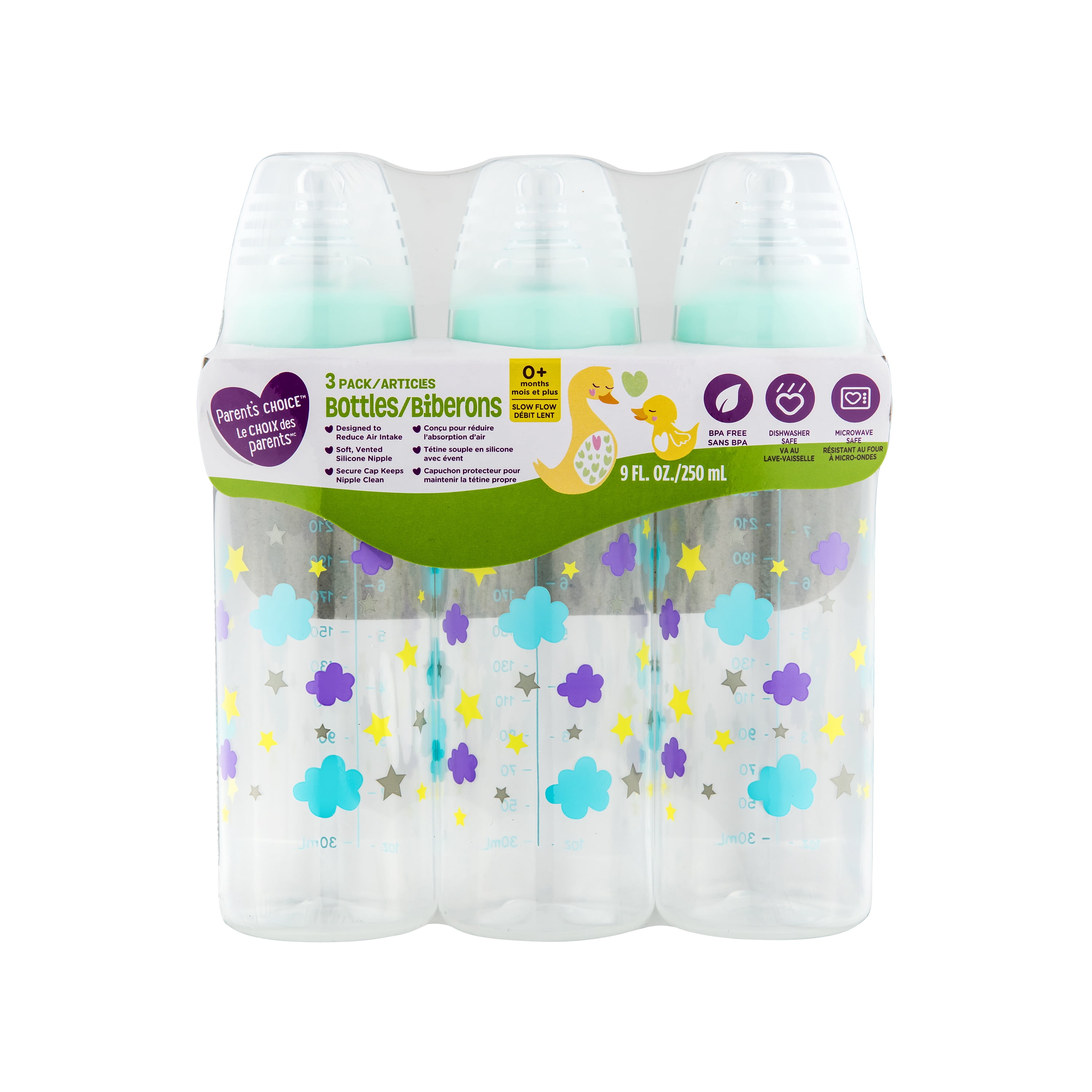 Parent's Choice Baby Bottle, Newborns, Unisex, Cloud Print, 3x9oz Bottles