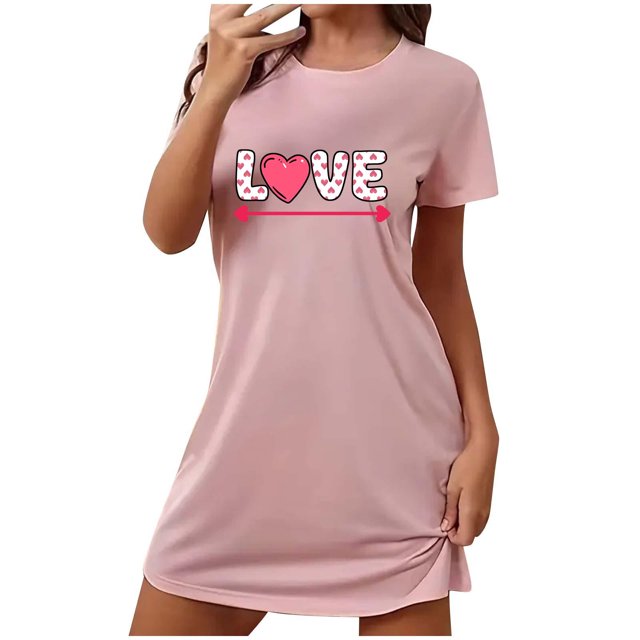 Amzcrzy Pyjamas pour Femmes Mode Imprimé Cœur Valentines Day Robe Décontractée Confortable à Manches Courtes Chemises de Nuit pour Femmes Valentines Day Cadeaux