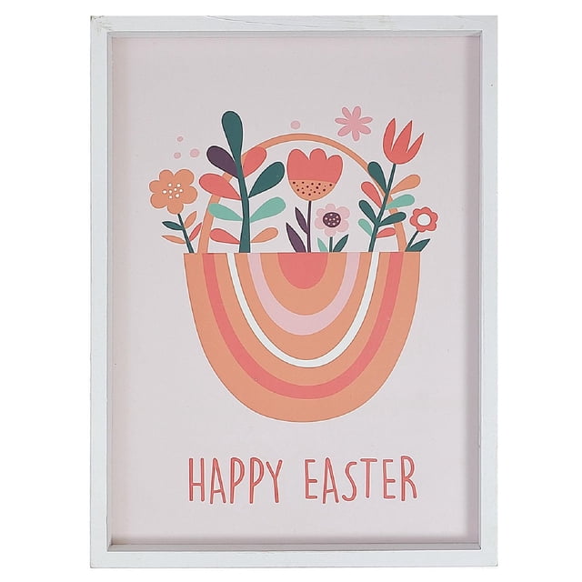 Framed Wood Wall Sign Happy Easter with a white wooden frame enclosing a pastel pink background featuring a stylized floral basket in coral, peach, green, and purple above coral 'HAPPY EASTER' text, perfect for Easter wall décor and seasonal home decoration.