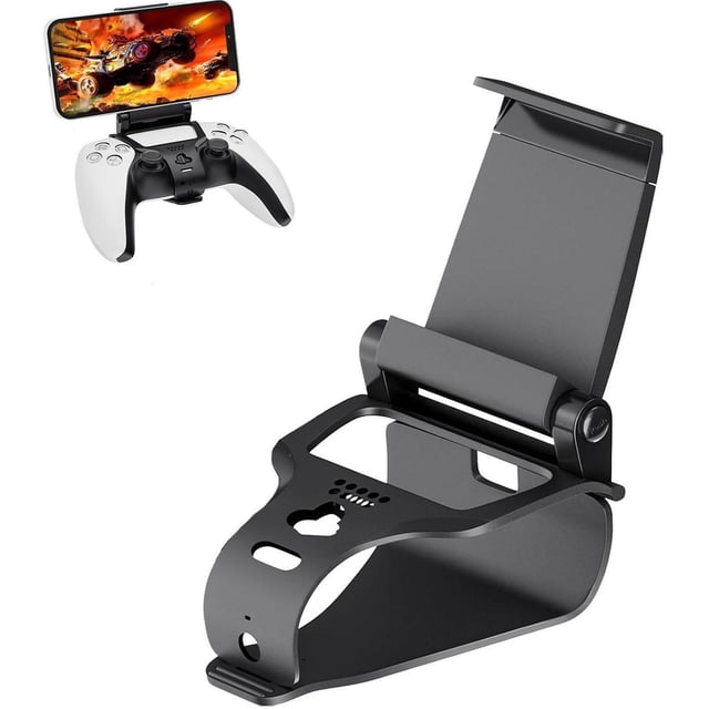 PS5 Controller Phone Mount Holder for iPhone and Android, black adjustable clip compatible with PlayStation 5 DualSense gaming controller. Features include flexible holder, strong grip clips, and adjustable viewing angles from 0 to over 90 degrees. Suitable for PS Remote Play and smartphones with widths between 1.96 and 3.54 inches, enhancing mobile gaming experiences.