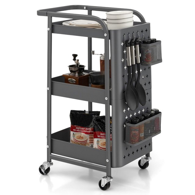 Gymax 3-Tier Utility Storage Cart Metal Rolling Trolley w/ DIY Pegboard Baskets Grey