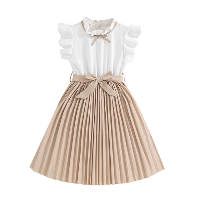 aDJFDGT Robes Blanches pour la Remise des Diplômes avec un design Sans Manches avec des accents à Volants sur les Épaules, un Corsage Blanc Uni et une Jupe Plissée beige Nouée avec un Nœud à la Taille. Parfaites pour les Tout-Petites Filles comme Robes de Fête Ou Robes de Remise des Diplômes, Convenant aux Fêtes Dansantes Ou aux occasions Formelles.