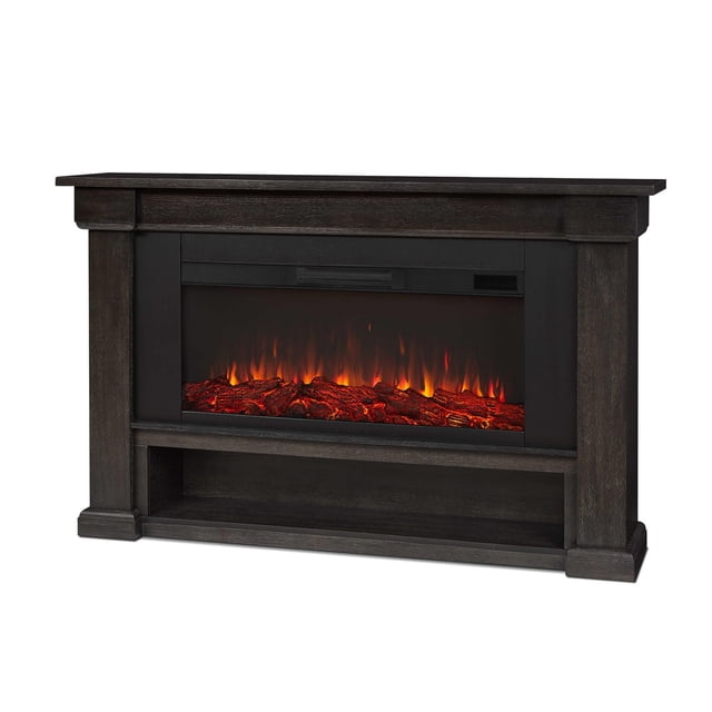 Bristow 66" Landscape Electric Fireplace with dark wood mantel and storage shelf below the firebox displaying infrared LED flames in orange and red, featuring six thermostat settings and supplemental heating for rooms up to 1000 sq ft.