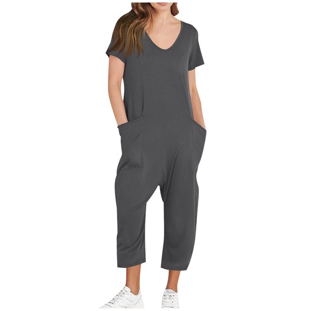 Yuyuzo Jumpsuits for Women Short Sleeve V Neck Rompers Wide Leg Cropped Pants Overalls with Pockets