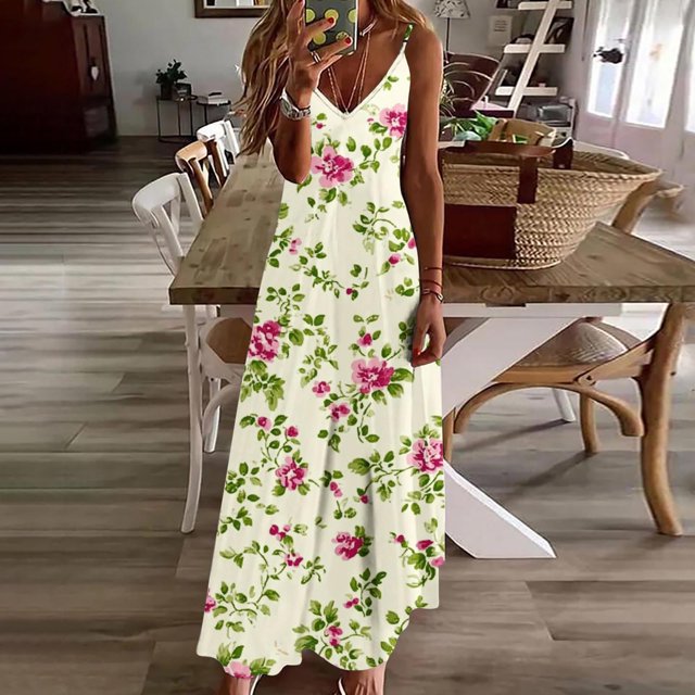 Ovzne Robes pour Femmes Robe pour Femme Robes d'Été pour Femmes Robe Imprimée Sans Manches Col Rond Robe Décontractée Robes d'Été Imprimées Liquidation