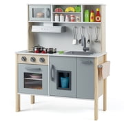 Costway Kids Kitchen Playset Wooden Pretend Play Chef Toy with Microwave & Accessories Gray