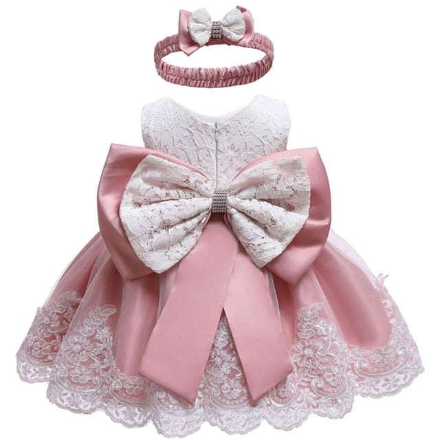 2 Pcs Robe pour Nouveau-Née Fille en Dentelle, Robe Tutu de Princesse, Robe de Fête d'Anniversaire et de Vacances + Bandeau, Ensembles 0-24 m