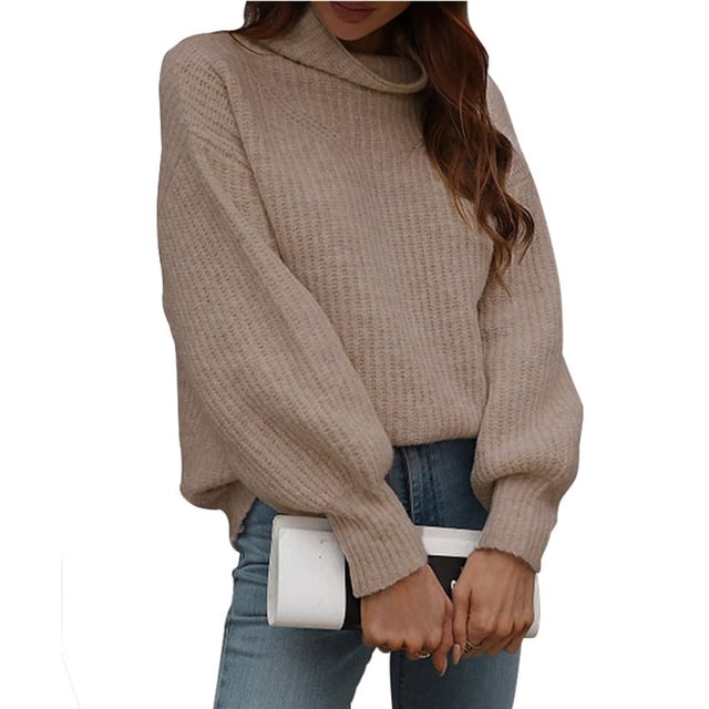 Qertyioot Chandails Surdimensionnés pour Femmes Col Roulé Mode Uni Manches Longues Col Roulé Chandail Décontracté Hauts