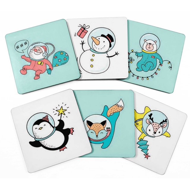 Inkdotpot Set of 6 Drink Coasters DecorativeNon,SlipCork Base4-inch Square PrintedCoastersEasy Clean- Christmas